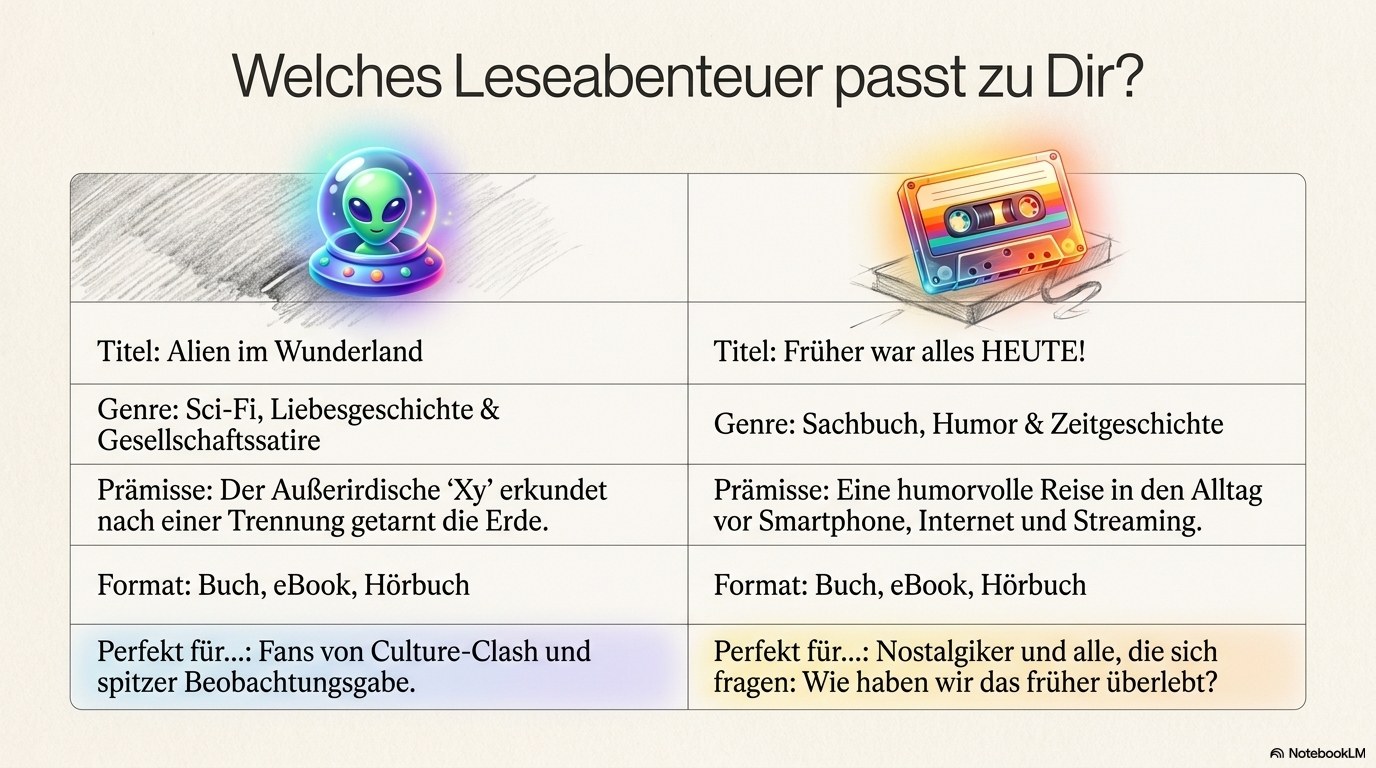 Welches Leseabenteuer passt zu Dir? – Vergleich Alien im Wunderland vs. Früher war alles HEUTE!