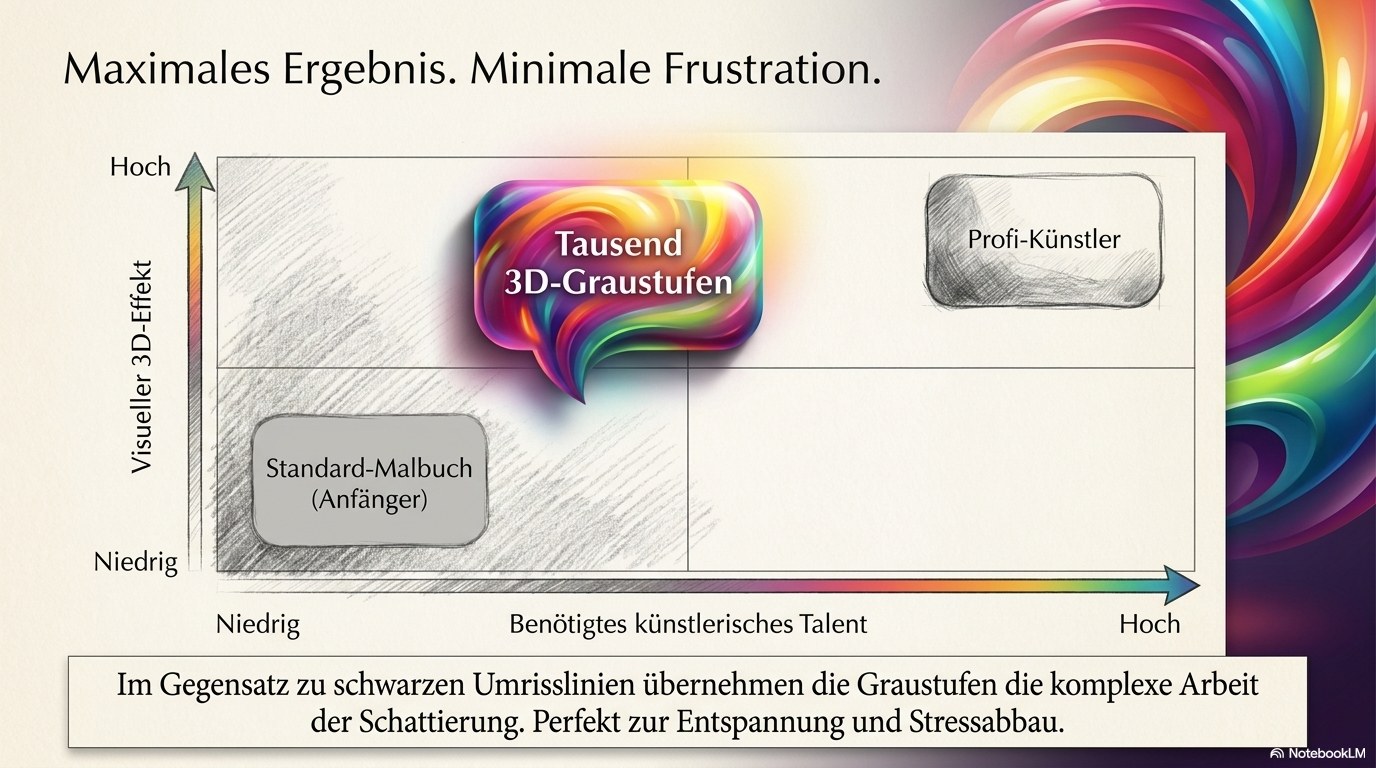 Maximales Ergebnis, Minimale Frustration – Die 3D-Graustufen-Technik im Vergleich zu Standard-Malbüchern und Profi-Kunst