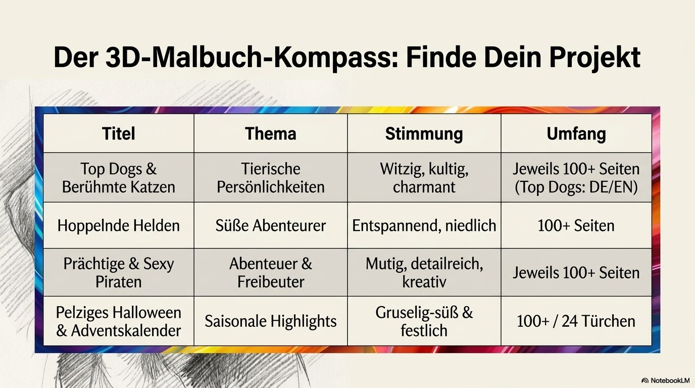 Der 3D-Malbuch-Kompass – Finde Dein Projekt: Übersicht aller Malbuch-Titel mit Thema, Stimmung und Umfang