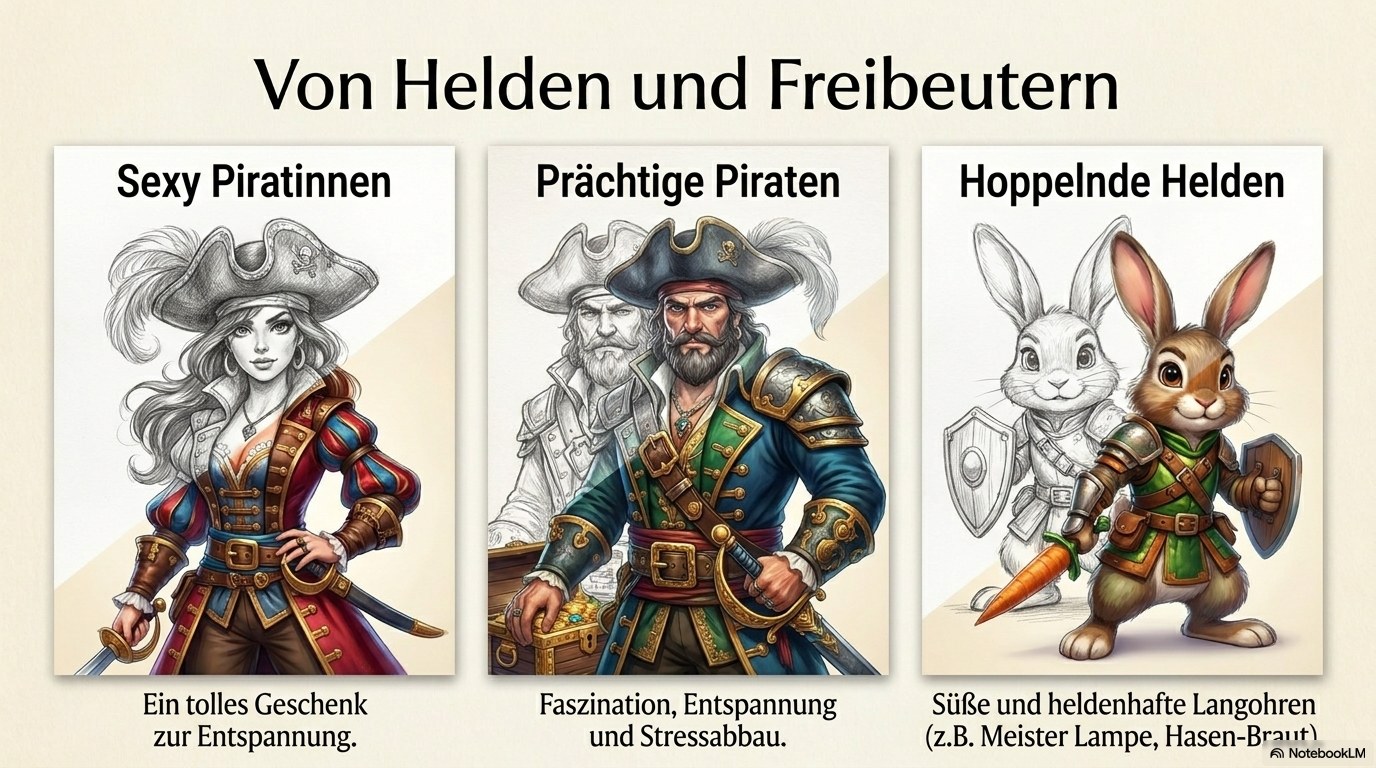 Von Helden und Freibeutern – Sexy Piratinnen, Prächtige Piraten und Hoppelnde Helden als 3D-Ausmalmotive