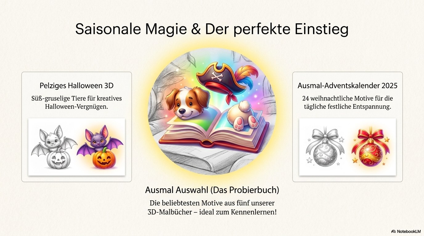 Saisonale Magie und der perfekte Einstieg – Pelziges Halloween, Ausmal-Adventskalender und das Probierbuch Ausmal Auswahl