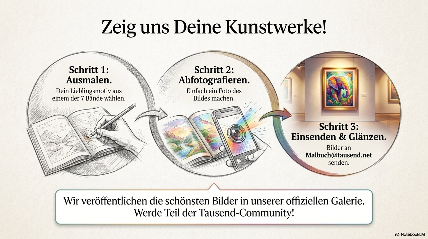 Zeig uns Deine Kunstwerke – Ausmalen, Abfotografieren, Einsenden an Malbuch@tausend.net