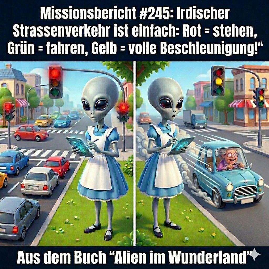 Kirk-Meme: Kirk beobachtet den irdischen Straßenverkehr — Aus dem Roman Alien im Wunderland