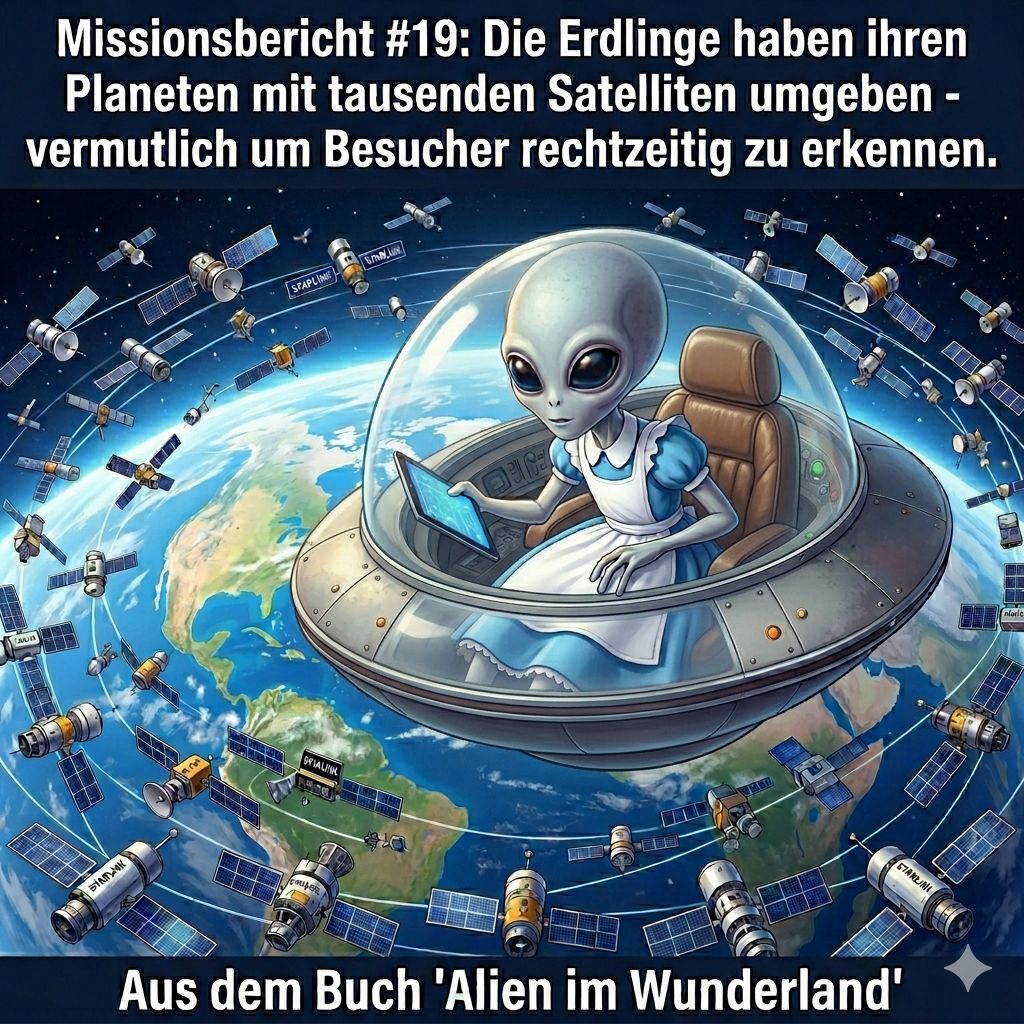Kirk-Meme: Ein Alien im UFO zwischen tausenden Satelliten — Aus dem Roman Alien im Wunderland