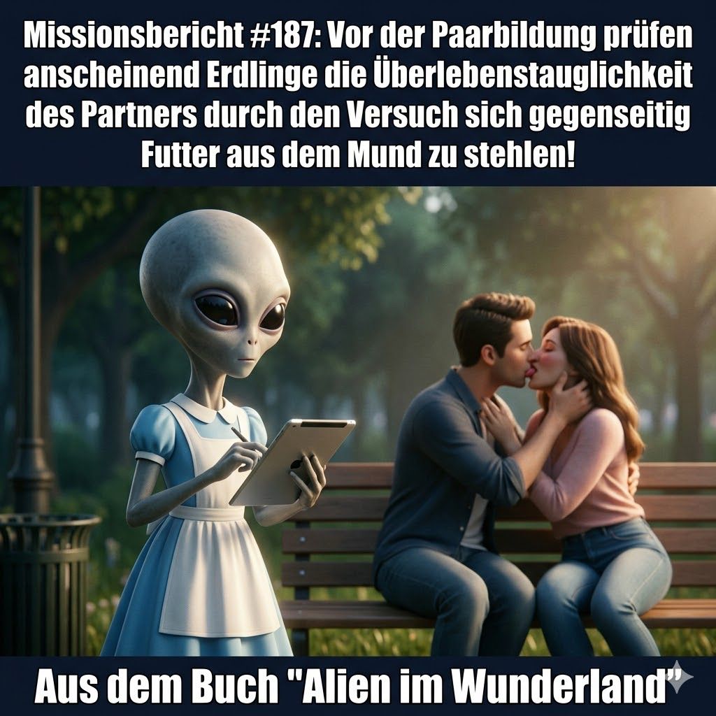 Kirk-Meme: Kirk beobachtet ein kuessendes Paar auf der Parkbank — Aus dem Roman Alien im Wunderland