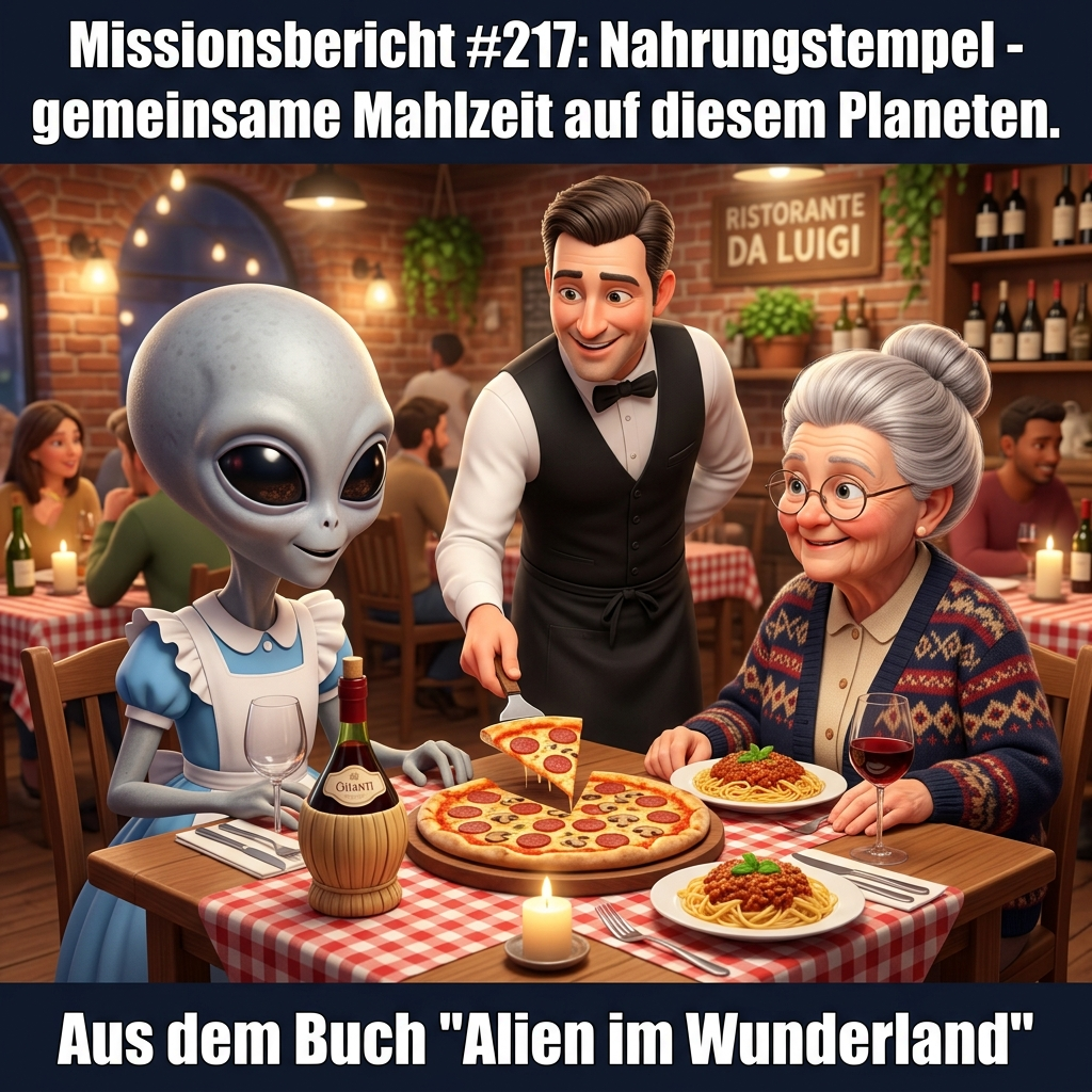 Kirk-Meme: Xy beim gemeinsamen Essen mit Oma Gerda im Restaurant &mdash; Aus dem Roman Alien im Wunderland