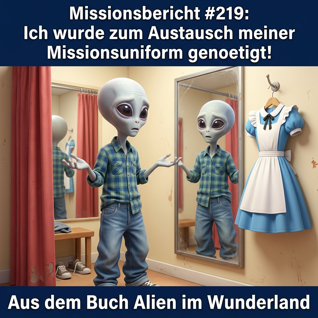 Kirk-Meme: Das Alien vor dem Umkleidespiegel mit irdischer Kleidung — Aus dem Roman Alien im Wunderland