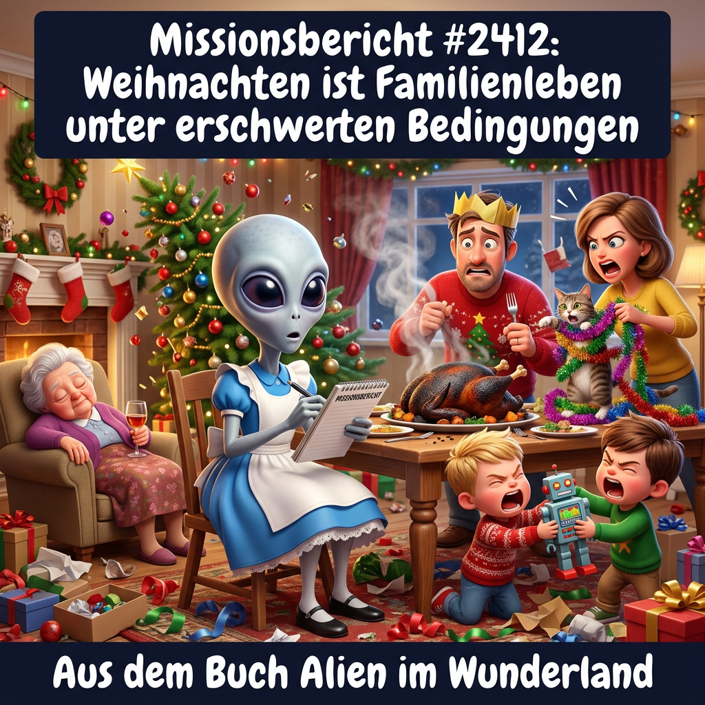 Kirk-Meme: Ein Alien protokolliert das Familienchaos an einem deutschen Weihnachtstisch – Aus dem Roman Alien im Wunderland