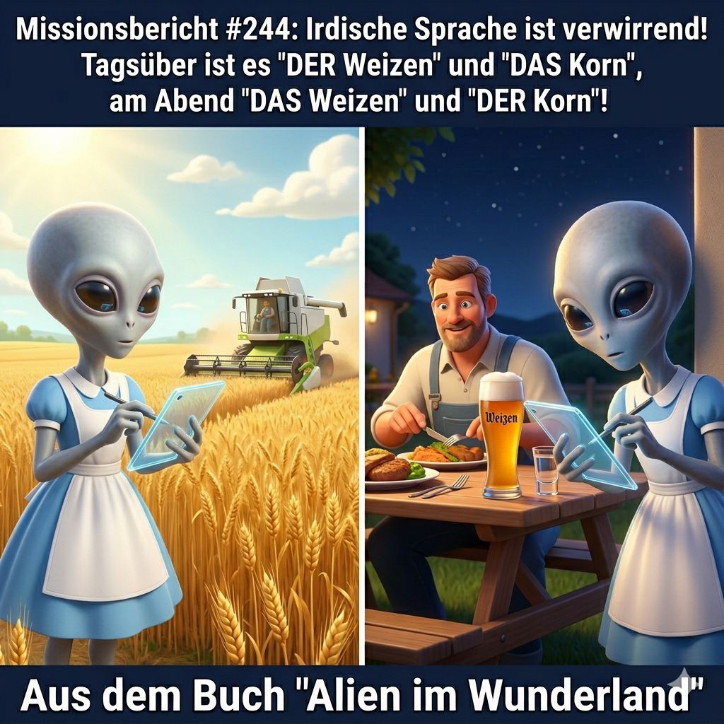 Kirk-Meme: Alien mit Tablet verwechselt der Weizen und das Weizen — Aus dem Roman Alien im Wunderland