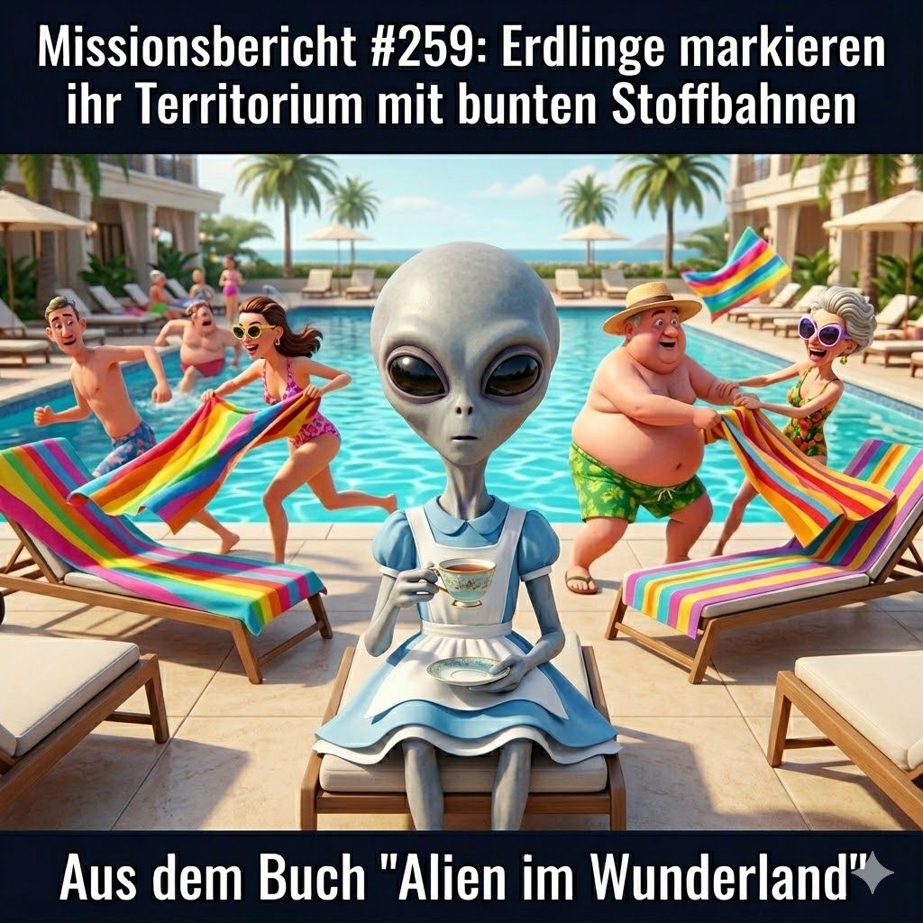 Kirk-Meme: Kirk sitzt am Pool, Menschen reservieren Liegen mit bunten Handtuechern — Aus dem Roman Alien im Wunderland
