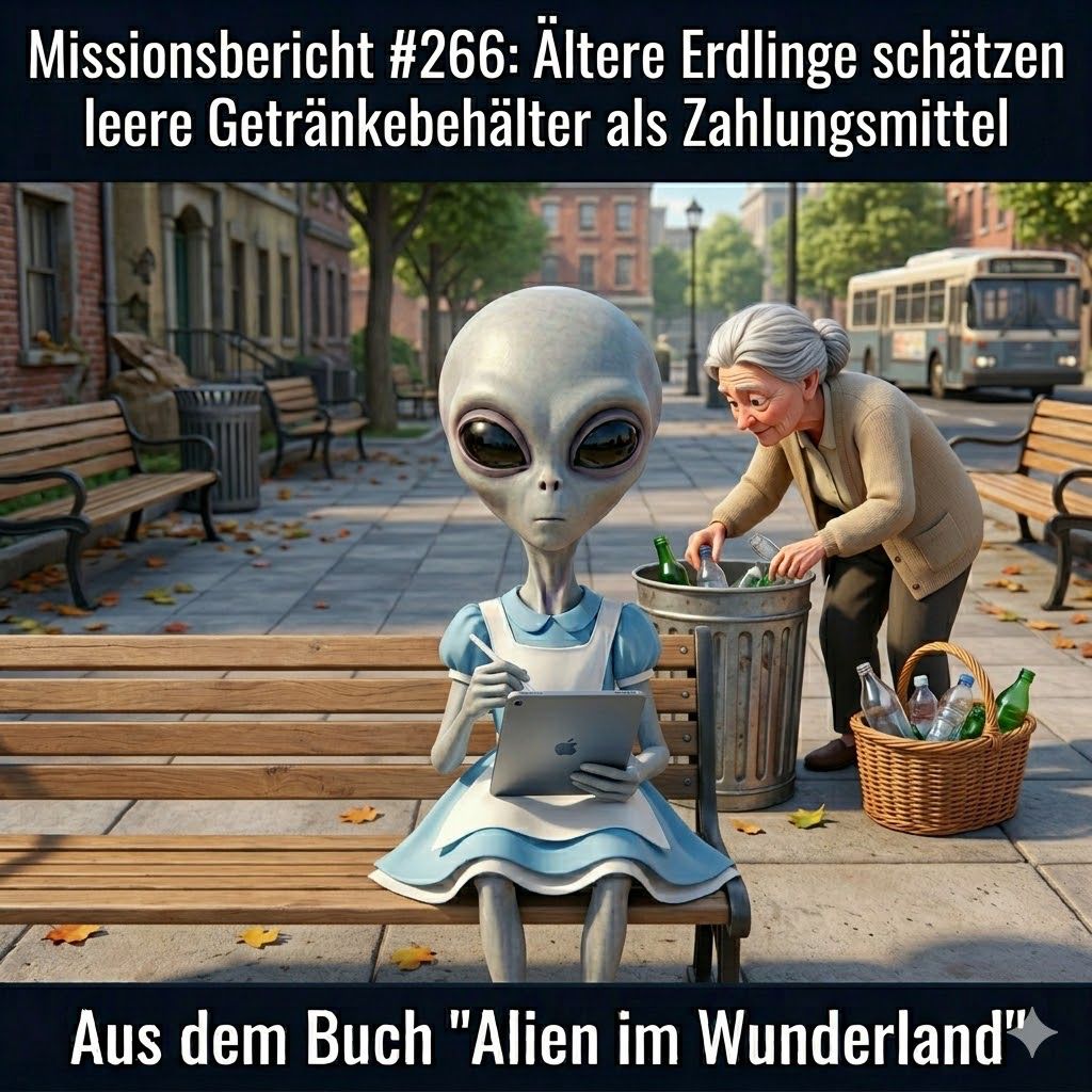 Kirk-Meme: Oma Gerda sammelt Pfandflaschen, Alien beobachtet es &mdash; Aus dem Roman Alien im Wunderland