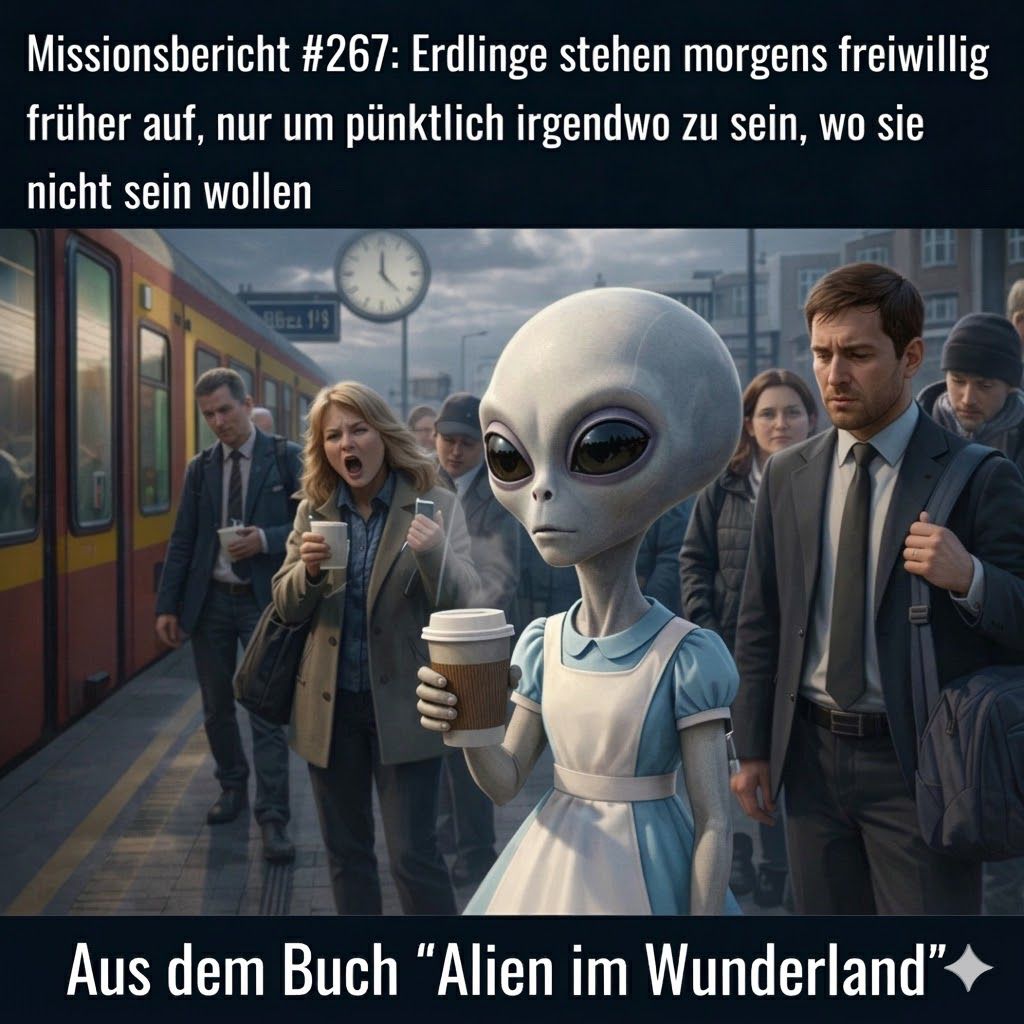 Kirk-Meme: Alien mit Kaffeebecher zwischen genervten Pendlern am Bahnsteig — Aus dem Roman Alien im Wunderland