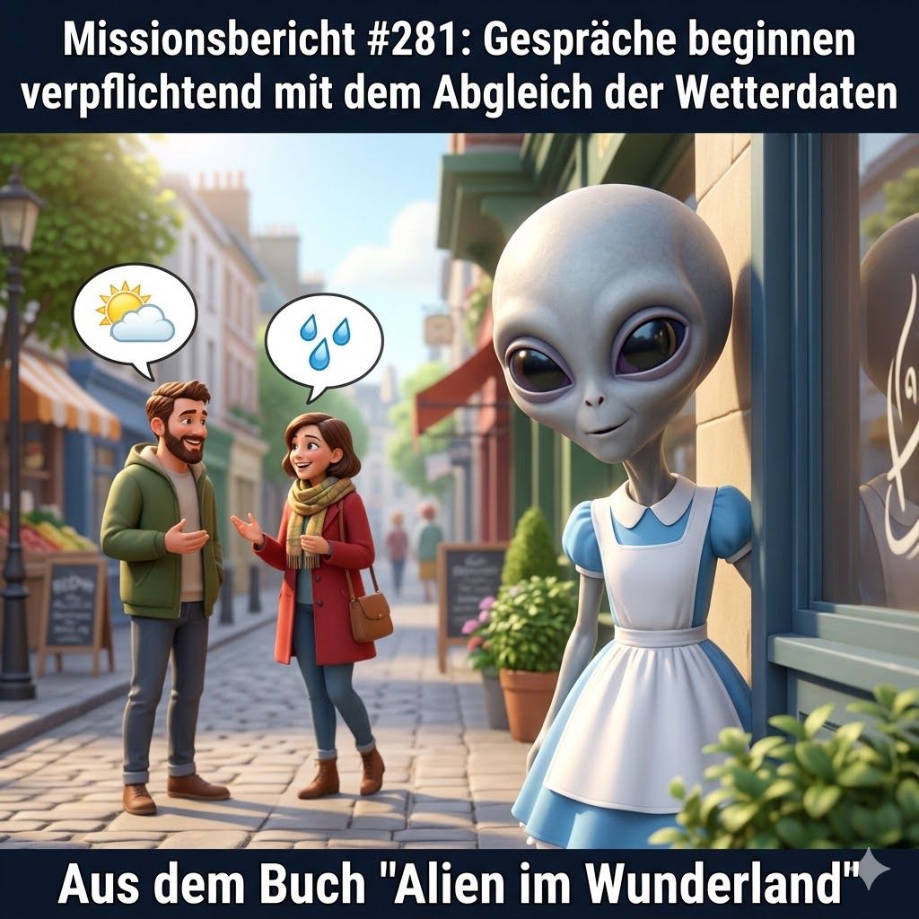 Kirk-Meme: Gespräche beginnen verpflichtend mit dem Abgleich der Wetterdaten — Aus dem Roman Alien im Wunderland