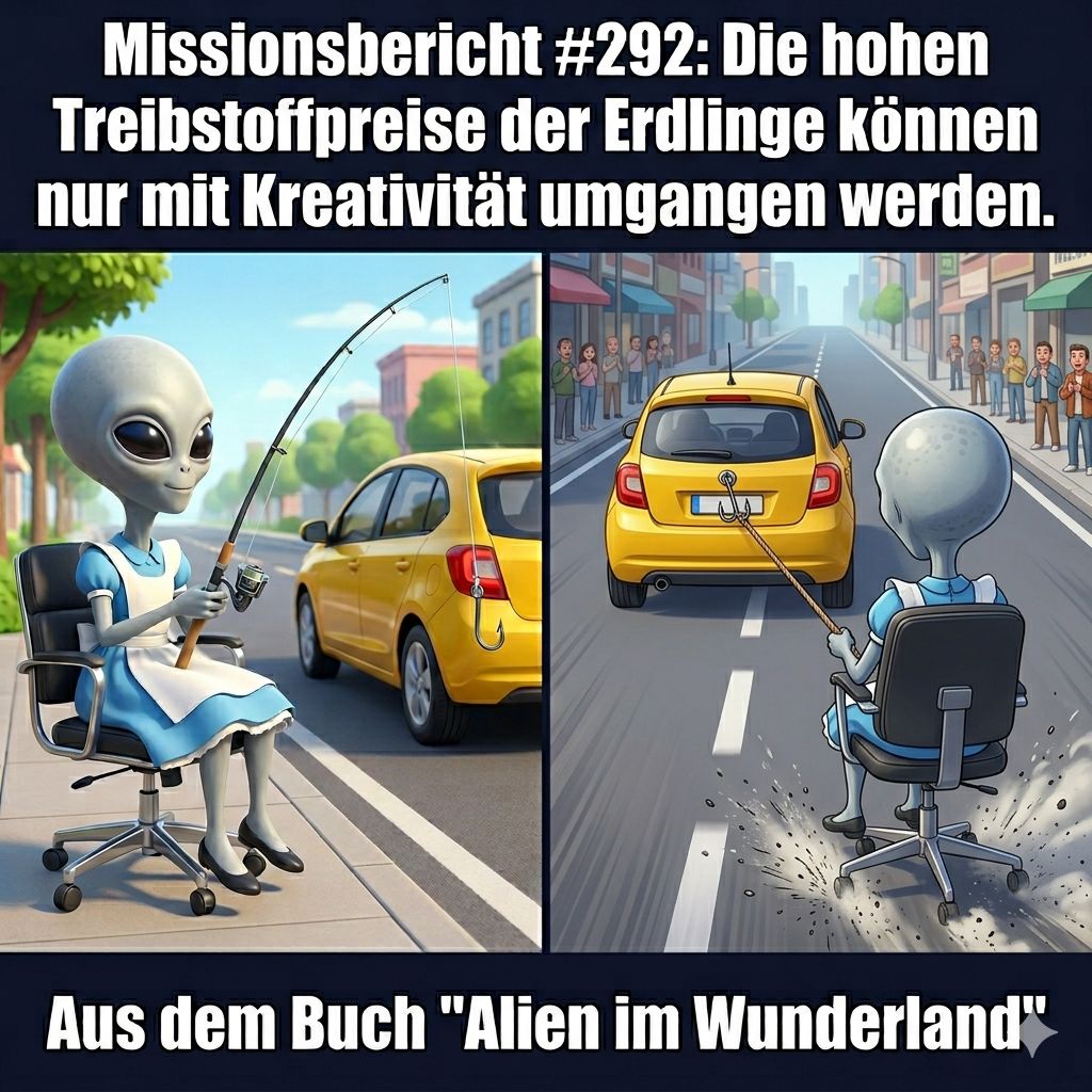 Kirk-Meme: Kirk umgeht die hohen Treibstoffpreise mit einer Angel — Aus dem Roman Alien im Wunderland