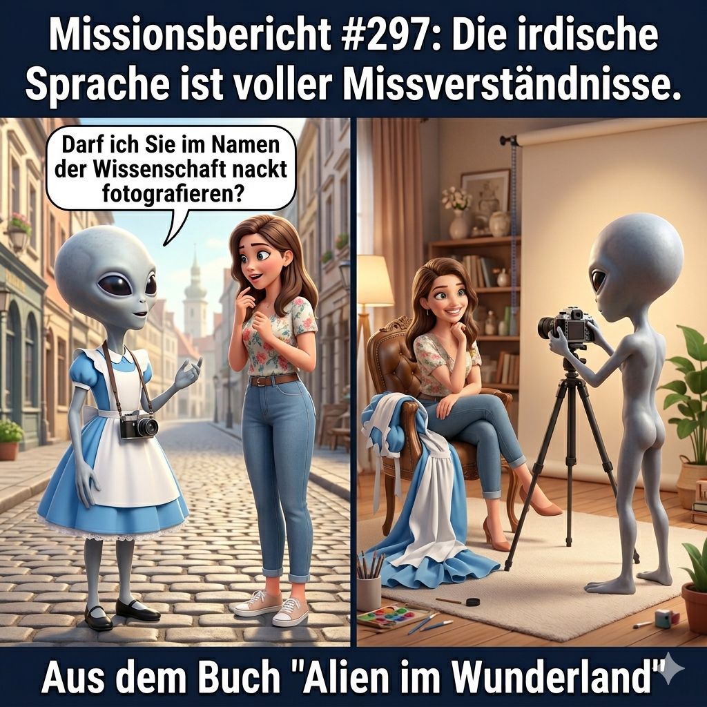 Kirk-Meme: Alien versteht Menschen nicht – Missverständnis bei irdischer Sprache. Aus dem Roman Alien im Wunderland