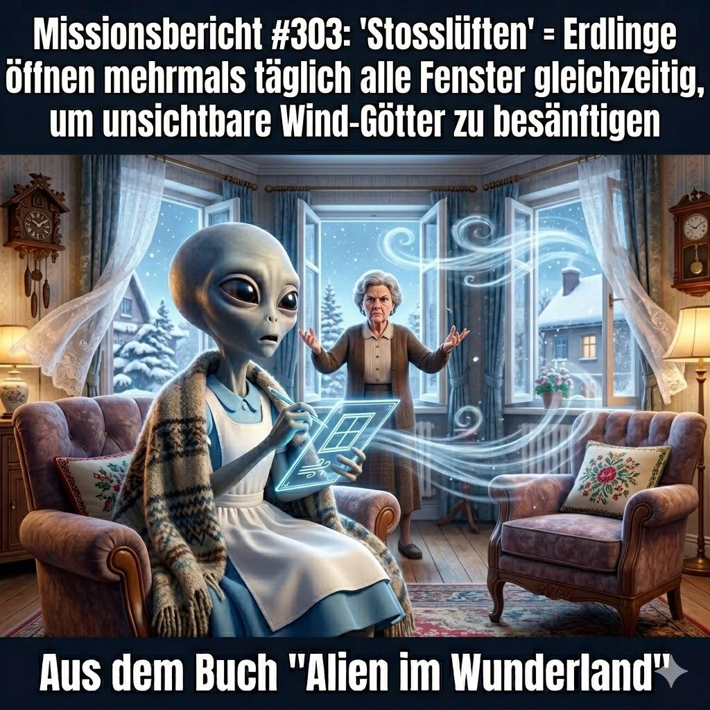 Kirk-Meme: Xy protokolliert das Stosslueften als Ritual zur Besaenftigung der Wind-Goetter — Aus dem Roman Alien im Wunderland