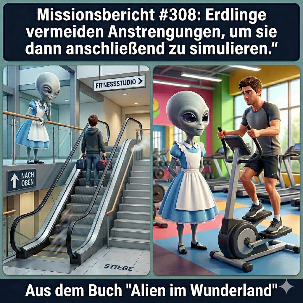 Kirk-Meme: Alien versteht Menschen nicht – Fitnessstudio und Anstrengung. Aus dem Roman Alien im Wunderland
