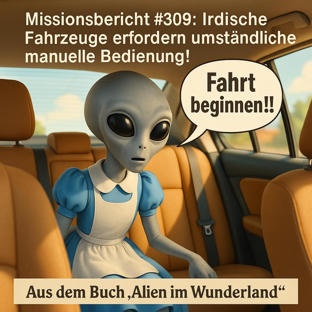 Kirk-Meme: Alien auf der Ruecksitzbank ruft 'Fahrt beginnen!!' — Aus dem Roman Alien im Wunderland