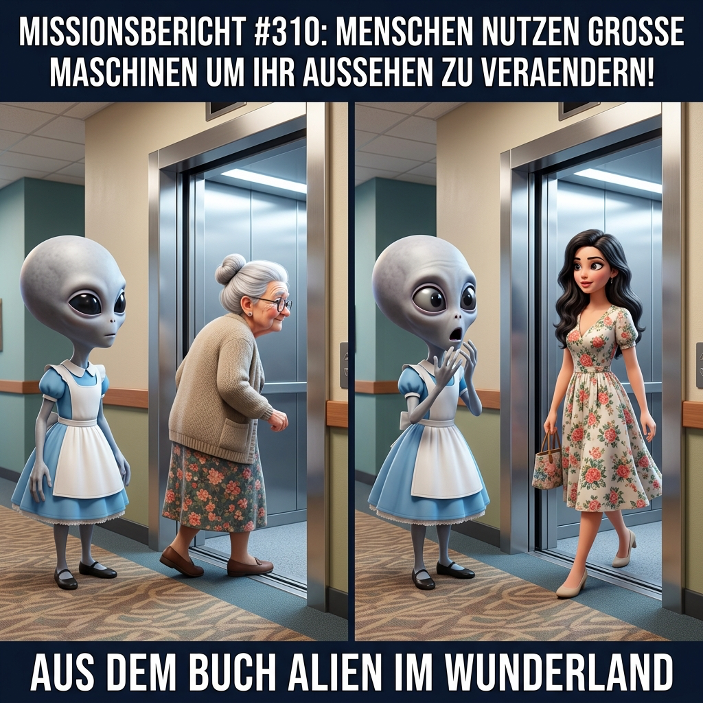 Kirk-Meme: Kirk staunt, dass Menschen große Maschinen nutzen, um ihr Aussehen zu verändern — Aus dem Roman Alien im Wunderland