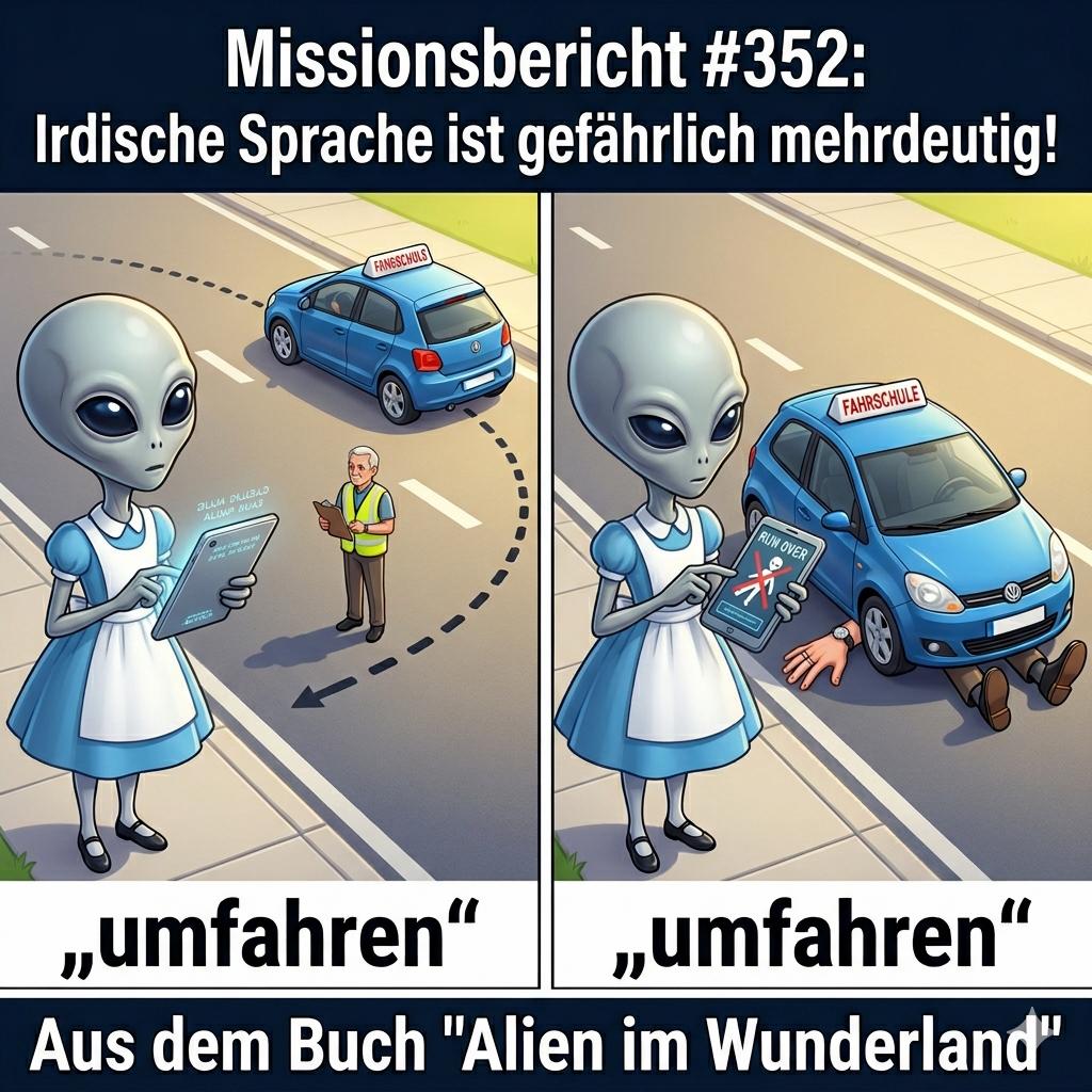 Kirk-Meme: Alien in der Fahrschule ratlos vor dem Wort umfahren – Aus dem Roman Alien im Wunderland