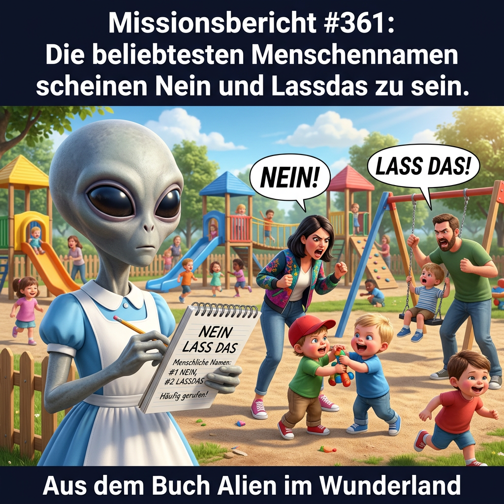 Kirk-Meme: Kirk notiert, die beliebtesten Menschennamen seien Nein und Lassdas — Aus dem Roman Alien im Wunderland