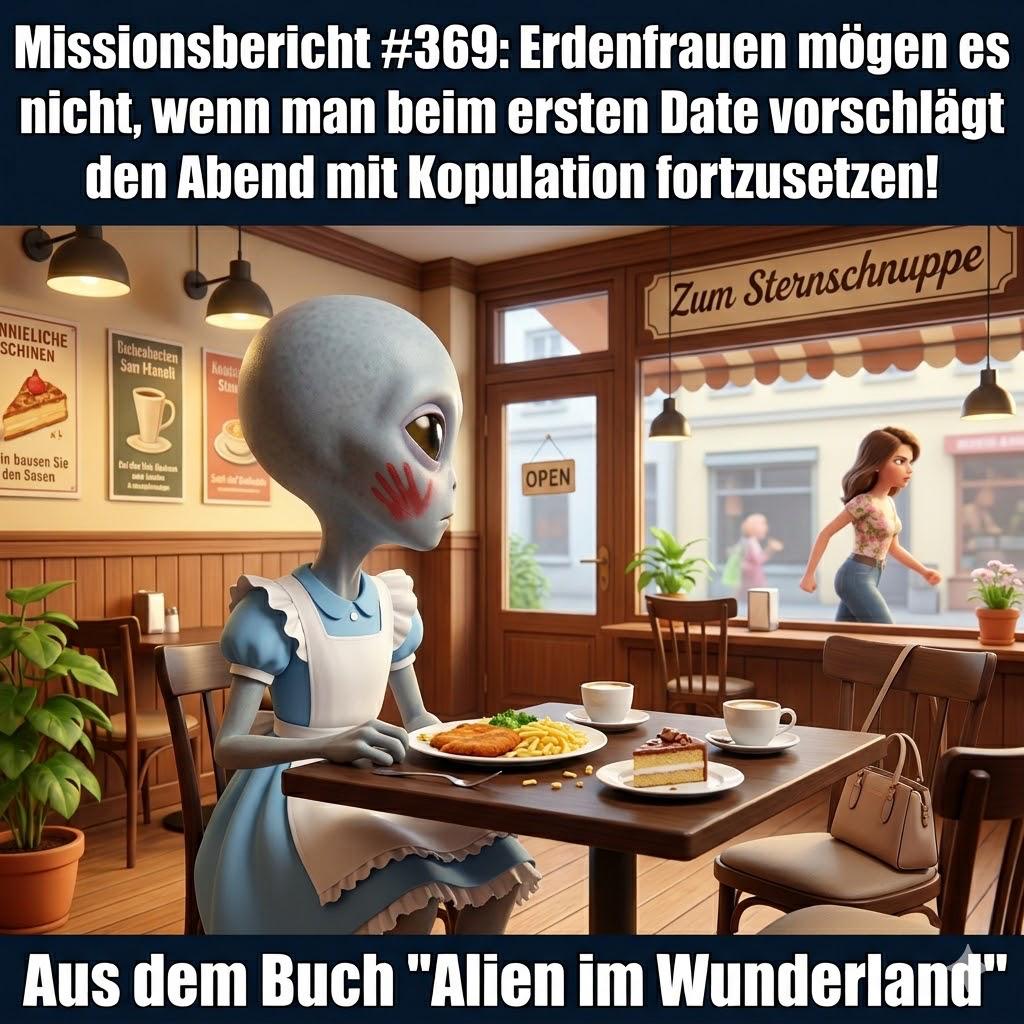Kirk-Meme: Kirk sitzt mit Ohrfeigen-Abdruck im Cafe beim ersten Date, nachdem er die irdischen Dating-Regeln missverstanden hat — Aus dem Roman Alien im Wunderland