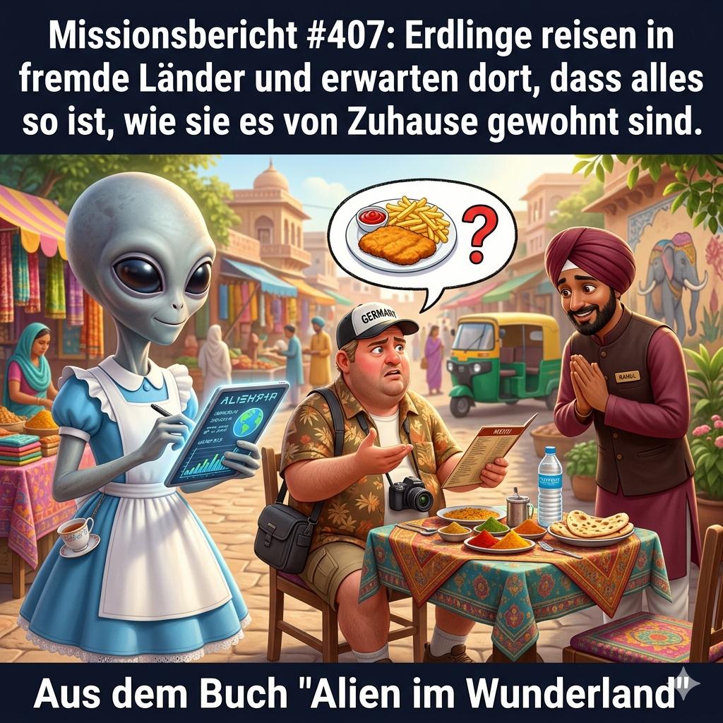 Kirk-Meme: Erdlinge reisen ins Ausland und erwarten alles wie zu Hause — Aus dem Roman Alien im Wunderland