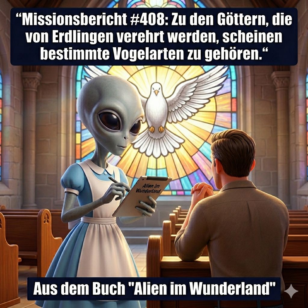 Kirk-Meme: Alien haelt den Heiligen Geist als Taube fuer einen verehrten Gott — Aus dem Roman Alien im Wunderland