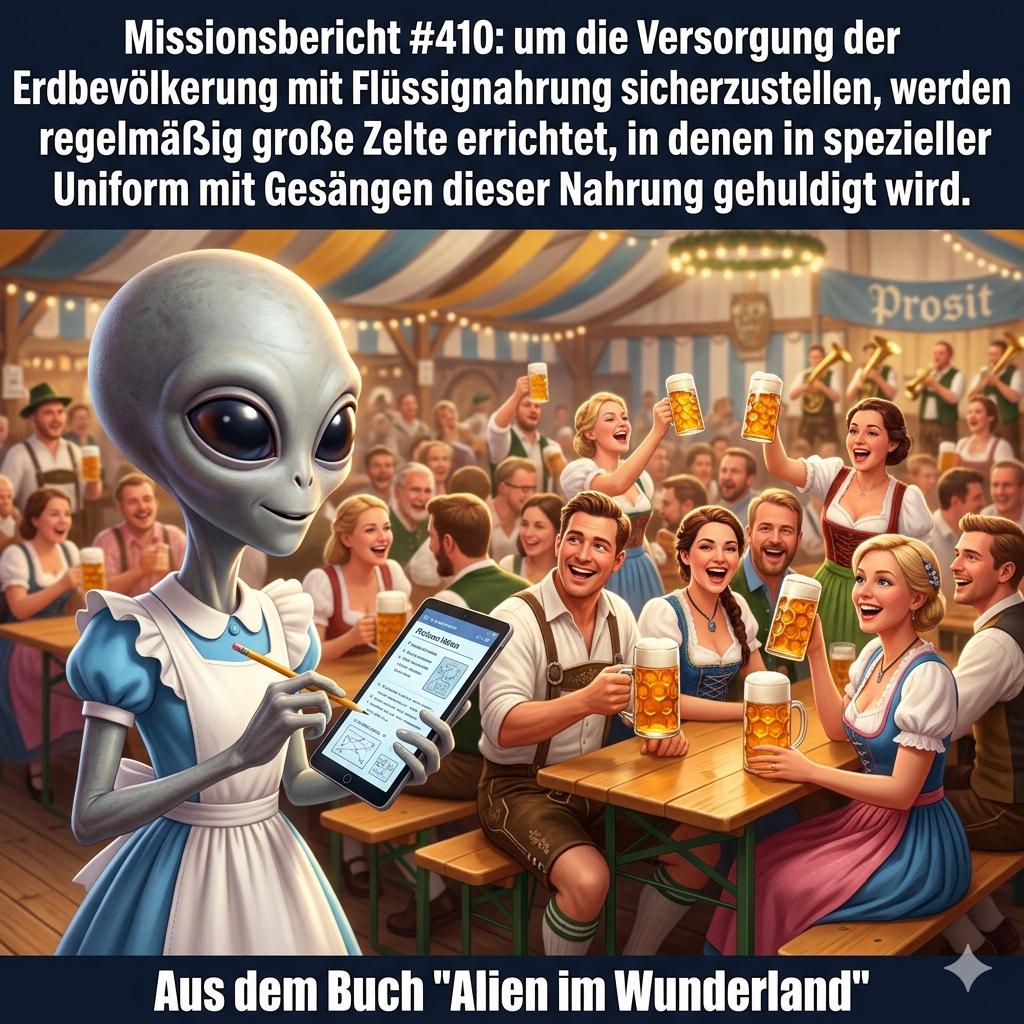 Kirk-Meme: Ein Alien protokolliert staunend das Bierzelt als irdischen Nahrungstempel &mdash; Aus dem Roman Alien im Wunderland