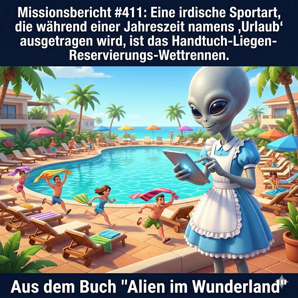 Kirk-Meme: Die deutsche Handtuch-Reservierung am Pool — Aus dem Roman Alien im Wunderland