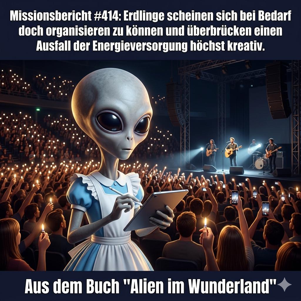 Kirk-Meme: Kirk beobachtet, wie Erdlinge bei einem Konzert kreativ ihre Smartphones als Lichter einsetzen — Aus dem Roman Alien im Wunderland