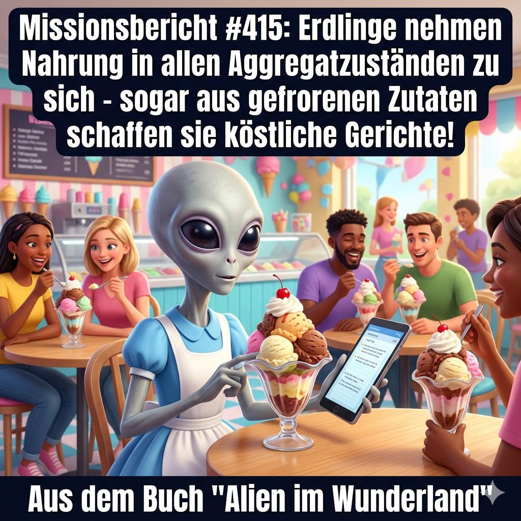 Kirk-Meme: Kirk staunt, dass Menschen Nahrung in allen Aggregatzustaenden essen — Aus dem Roman Alien im Wunderland