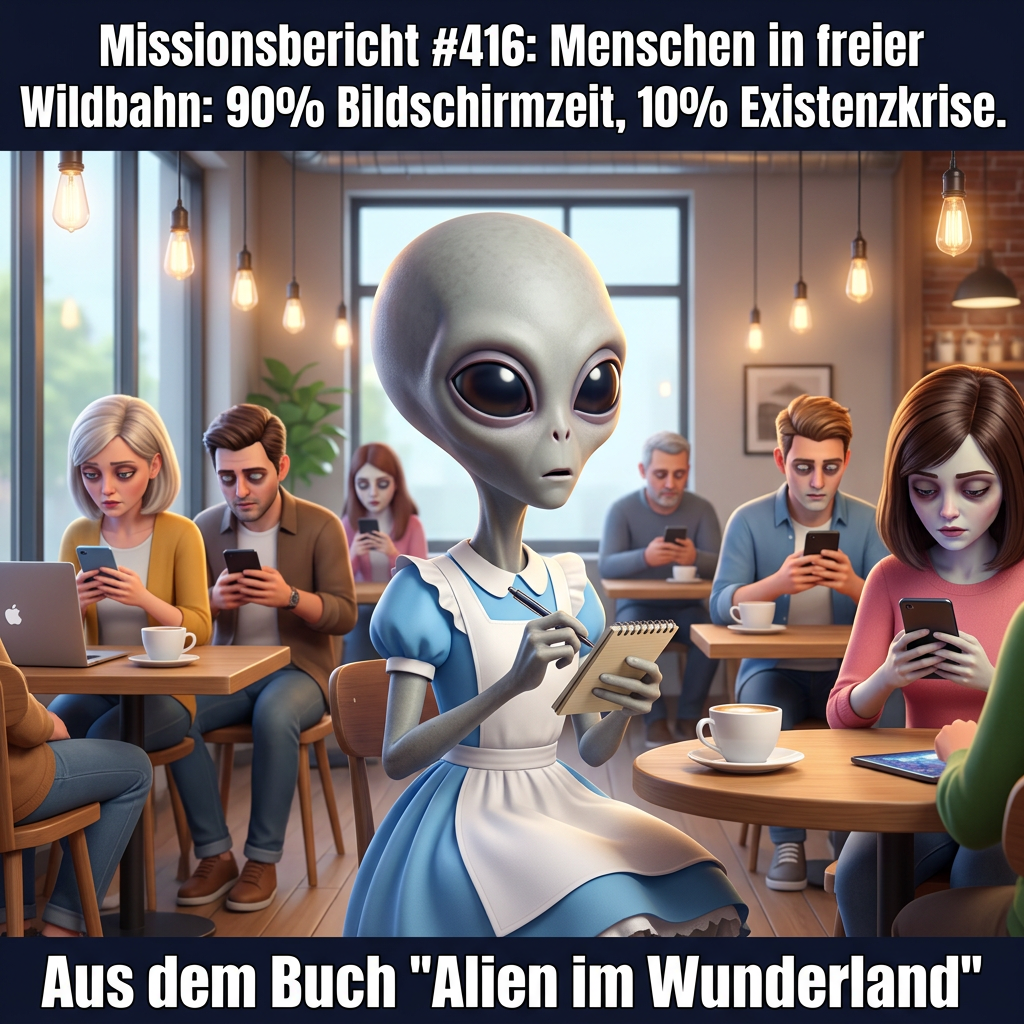 Kirk-Meme: Menschen in freier Wildbahn — 90 Prozent Bildschirmzeit, 10 Prozent Existenzkrise — Aus dem Roman Alien im Wunderland