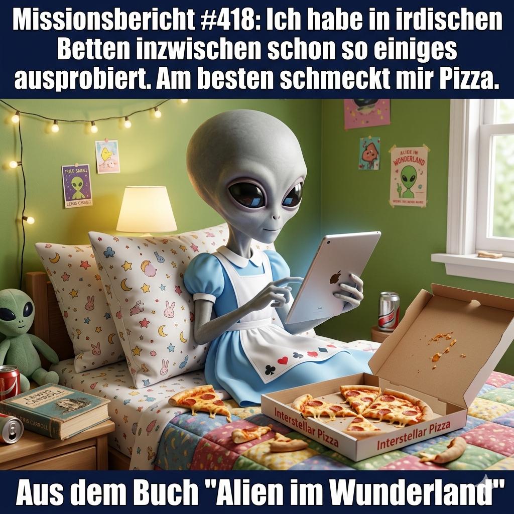 Kirk-Meme: Kirk genießt Pizza im Bett — Aus dem Roman Alien im Wunderland
