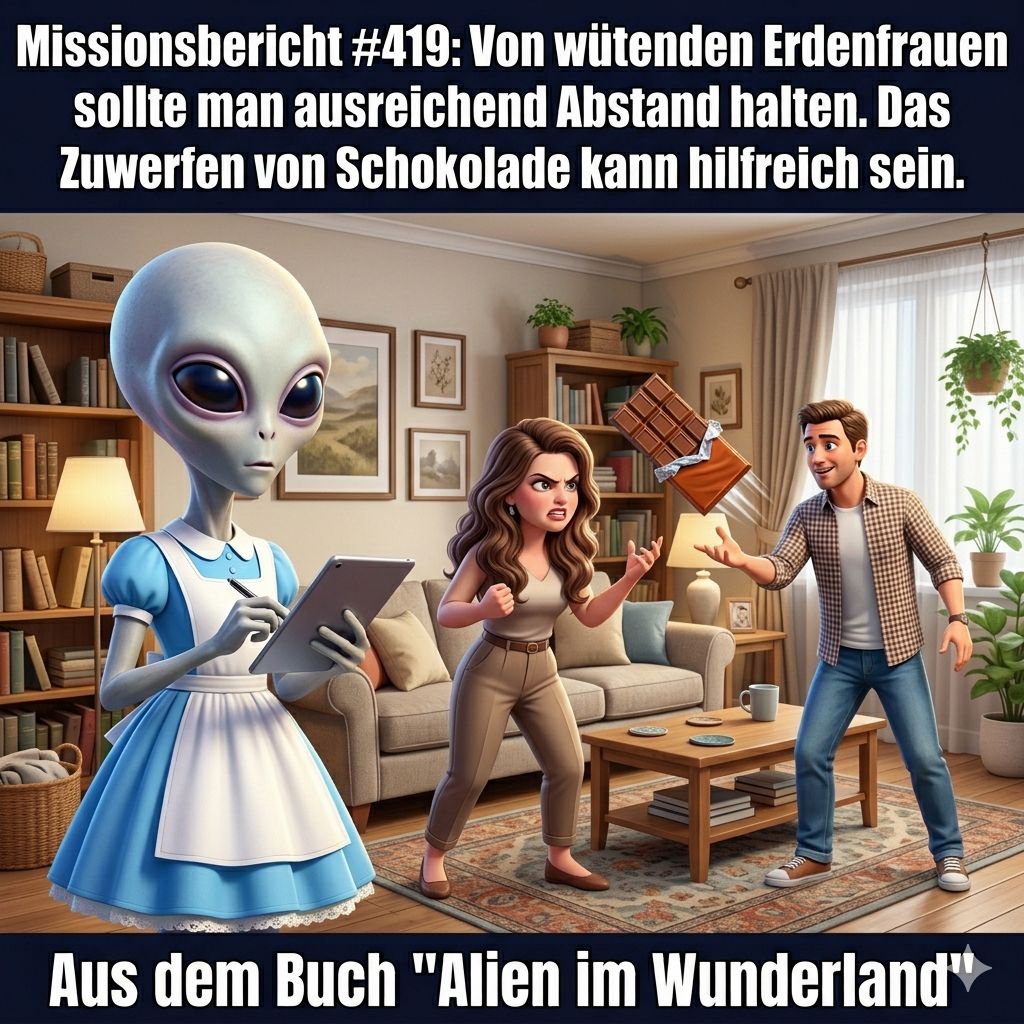 Kirk-Meme: Kirk empfiehlt, wütenden Erdenfrauen zur Deeskalation Schokolade zuzuwerfen — Aus dem Roman Alien im Wunderland