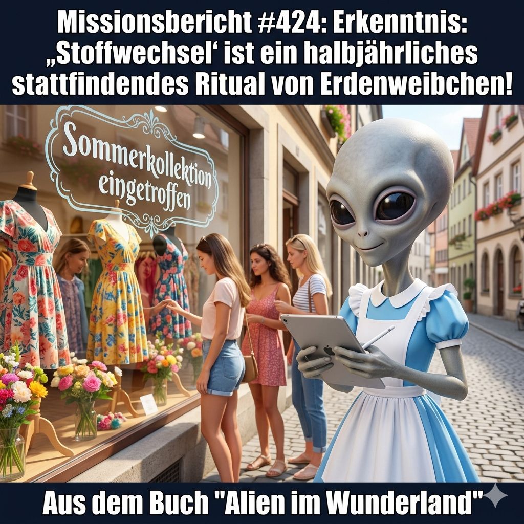Kirk-Meme: Xy beobachtet das halbjaehrliche Stoffwechsel-Ritual vor einem Schaufenster &mdash; Aus dem Roman Alien im Wunderland