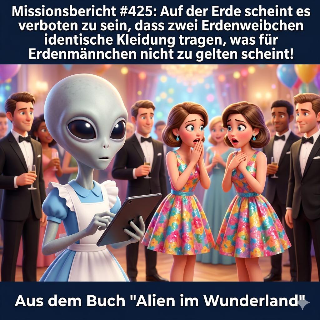 Kirk-Meme: Erdenweibchen empören sich darüber, identische Kleidung zu tragen — beobachtet vom Alien Kirk aus dem Roman Alien im Wunderland