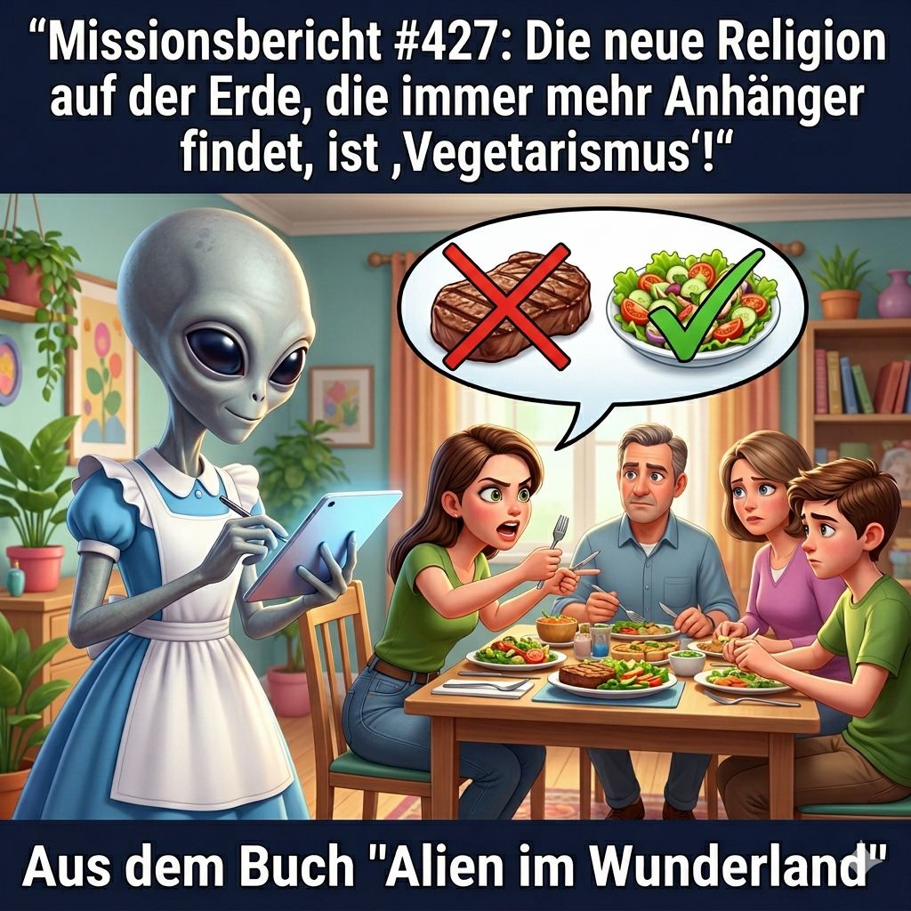 Kirk-Meme: Kirk notiert am Esstisch, dass Vegetarismus wie eine neue Religion Anhaenger gewinnt — Aus dem Roman Alien im Wunderland