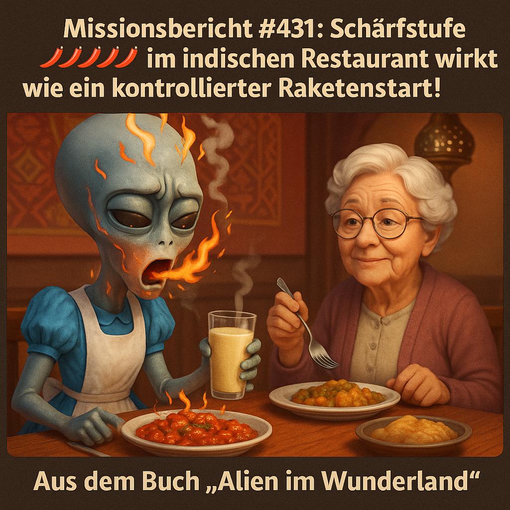 Kirk-Meme: Kirk probiert scharfes Essen mit Oma Gerda — Aus dem Roman Alien im Wunderland