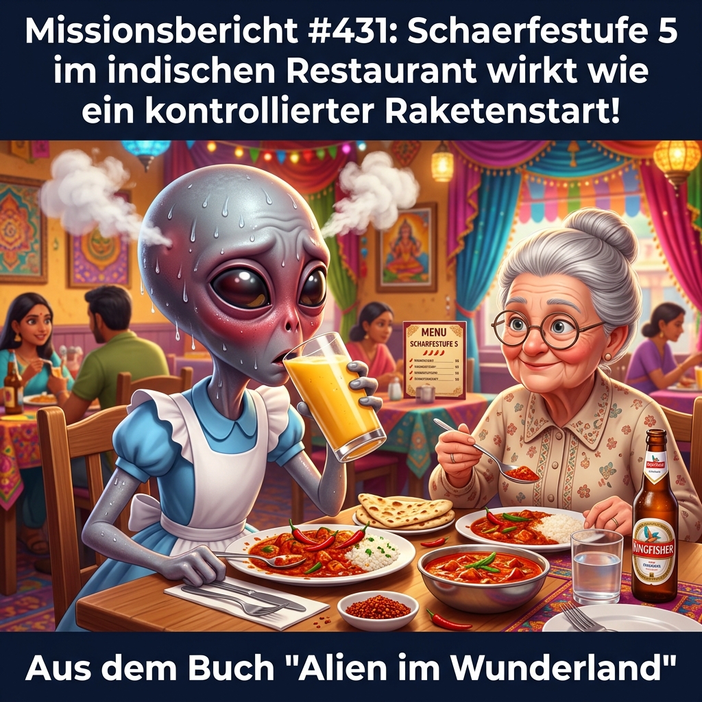 Kirk-Meme: Ein schwitzendes Alien trinkt Mango-Lassi neben Oma Gerda im indischen Restaurant - Kirks Missionsbericht ueber scharfes Curry als kontrollierten Raketenstart - Aus dem Roman Alien im Wunderland