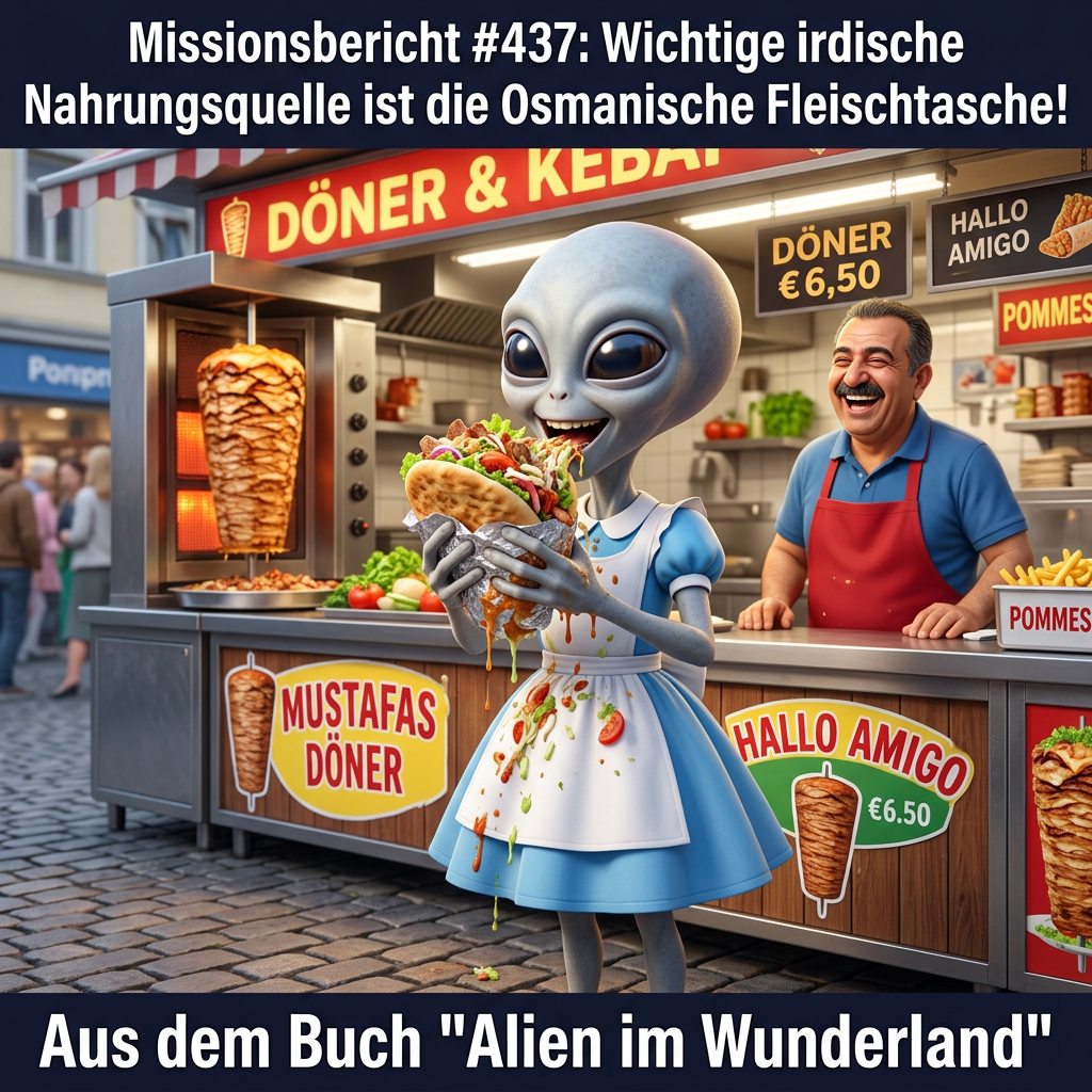 Kirk-Meme: Ein Alien verschlingt begeistert einen Doener am Imbissstand &mdash; Aus dem Roman Alien im Wunderland
