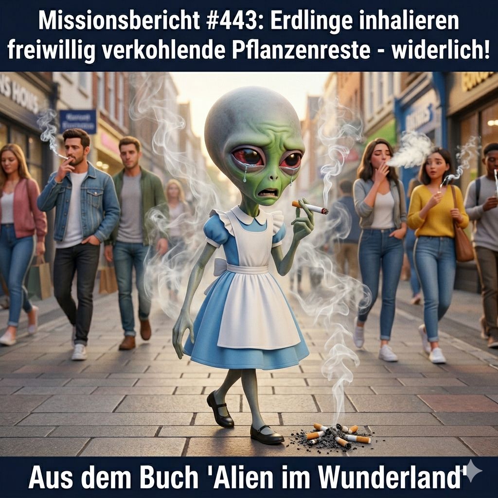 Kirk-Meme: Ein weinendes Alien haelt eine Zigarette inmitten rauchender Passanten - Kirks Missionsbericht ueber Menschen die freiwillig verkohlende Pflanzenreste inhalieren - Aus dem Roman Alien im Wunderland