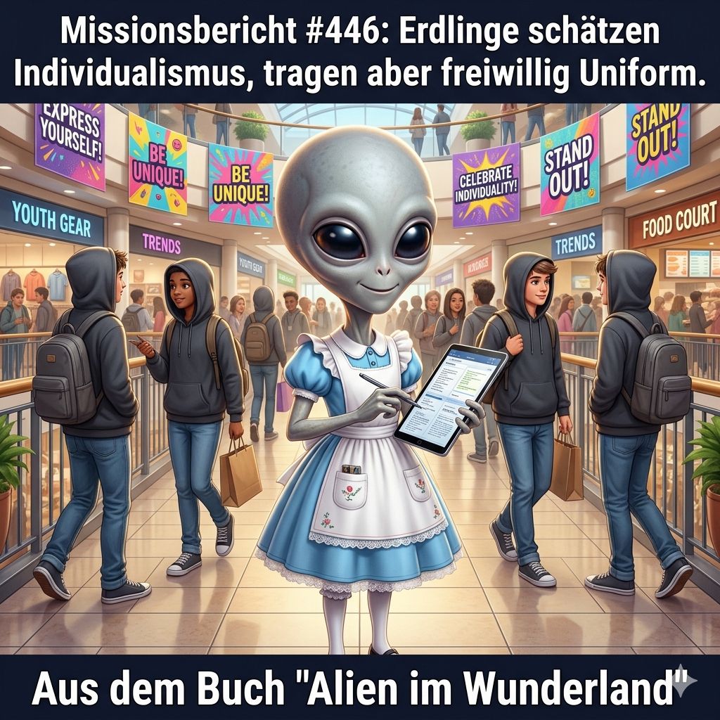Kirk-Meme: Alien in einer Shopping-Mall, in der alle Jugendlichen identische Hoodies tragen, während Plakate Individualität feiern – Aus dem Roman Alien im Wunderland