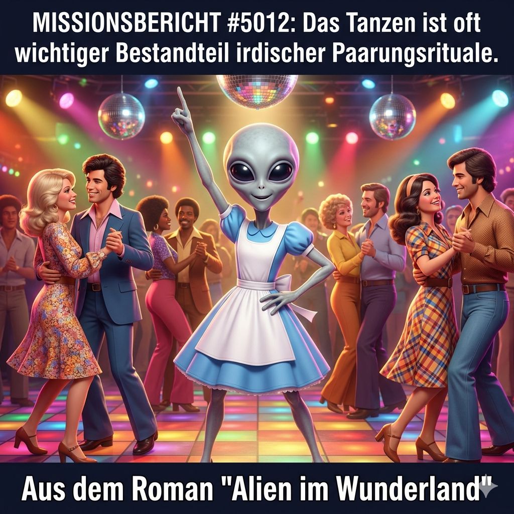 Kirk-Meme: Kirk tanzt auf einer Disco-Tanzflaeche zwischen menschlichen Paaren und analysiert das Tanzen als Paarungsritual — Aus dem Roman Alien im Wunderland