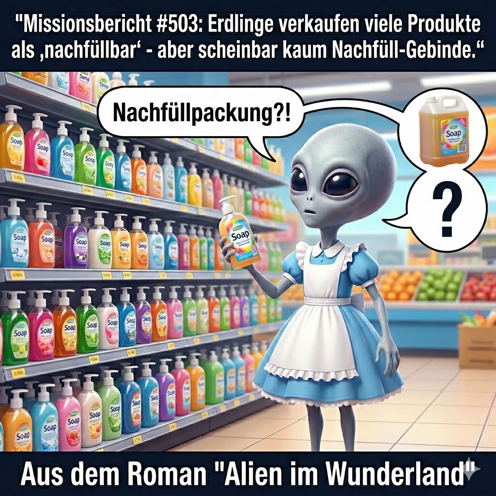Kirk-Meme: Kirk rätselt im Supermarkt über Produkte, die als nachfüllbar verkauft werden, aber keine Nachfüllpackung haben — Aus dem Roman Alien im Wunderland