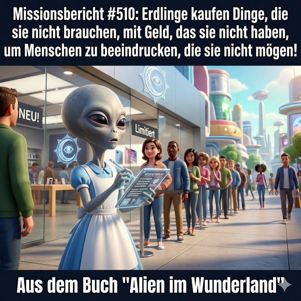 Kirk-Meme: Ein Alien beobachtet eine Schlange vor einem Elektronikladen und notiert, dass Erdlinge Dinge kaufen, die sie nicht brauchen &mdash; aus dem Roman Alien im Wunderland