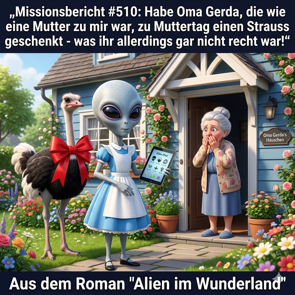 Kirk-Meme: Alien schenkt Oma Gerda einen Blumenstrauß zum Muttertag — Aus dem Roman Alien im Wunderland