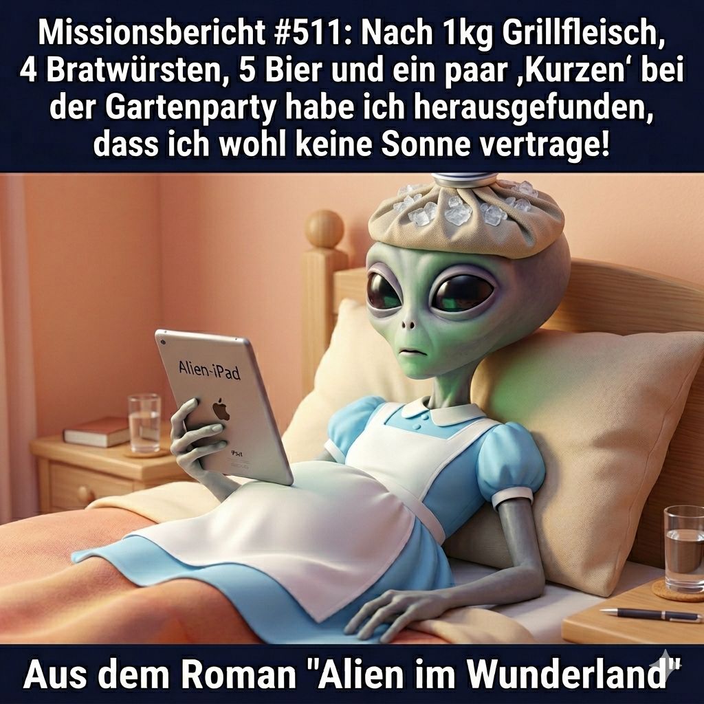 Kirk-Meme: Nach Grillfleisch, Bratwürsten und Bier verträgt Kirk keine Sonne mehr — Aus dem Roman Alien im Wunderland