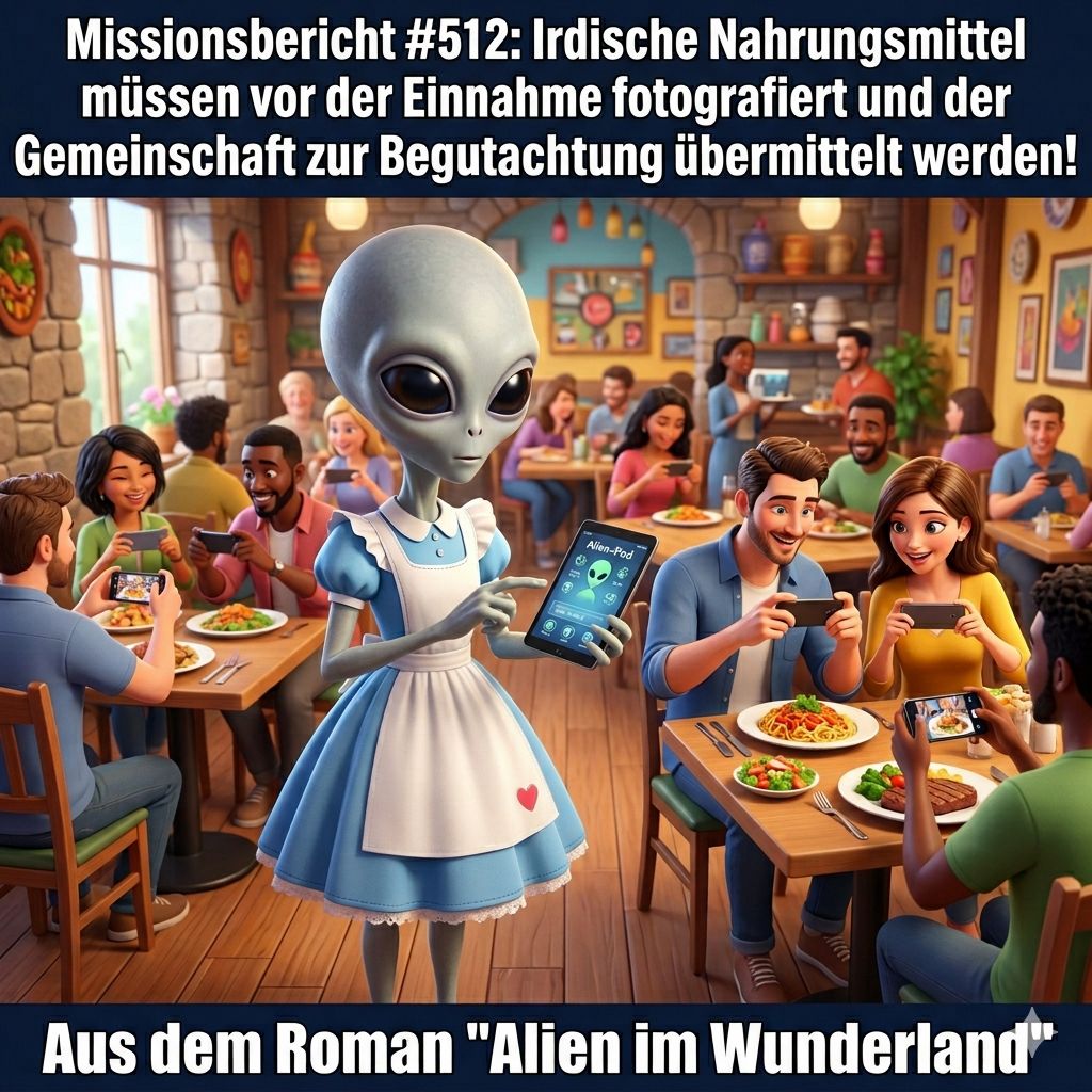 Kirk-Meme: Alien beobachtet Menschen, die ihr Essen im Restaurant fotografieren — Aus dem Roman Alien im Wunderland