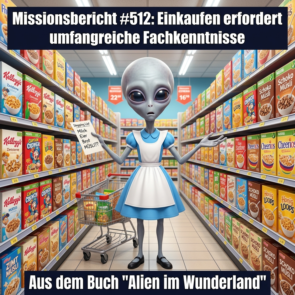 Kirk-Meme: Ein Alien steht ratlos mit Einkaufswagen und Einkaufszettel im Müsli-Regal eines Supermarkts &ndash; Aus dem Roman Alien im Wunderland